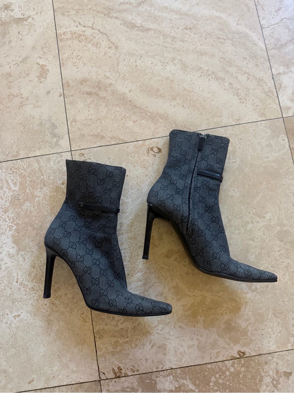 Gucci by Tom Ford Gray Monogram Pointed Toe Stiletto Ankle Boots